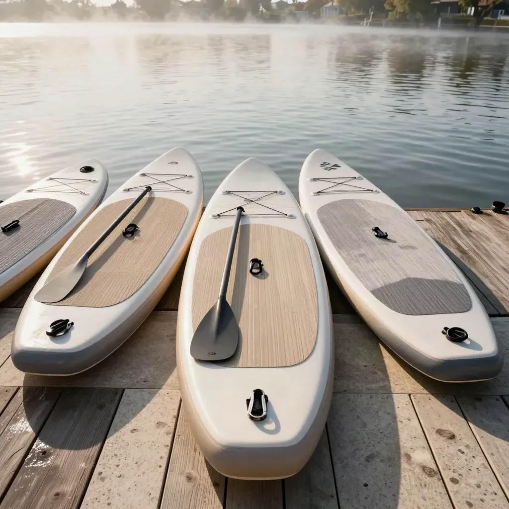 Vier SUP-boards aan de steiger, met peddels en leashes klaar voor vertrek in ochtendlicht.
