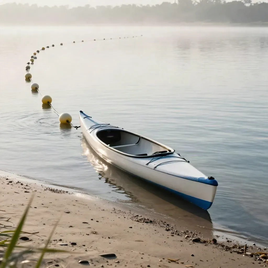 Startzone voor schoolgroep op rustig water met boeien, kano en markerpalen in ochtendmist.