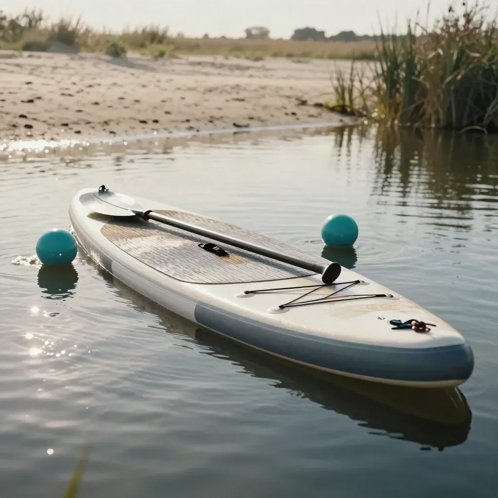 SUP-board met peddel en boeien in ondiep water, klaar voor beginnersles