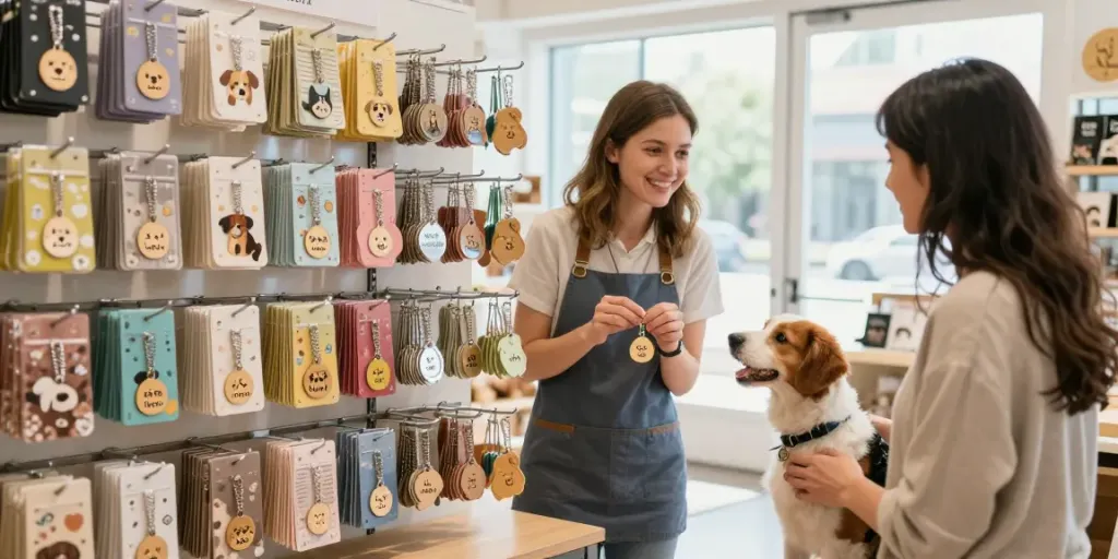 Gepersonaliseerde hondenpenning gegraveerd in een gezellige dierenwinkel met een klant en een hond.